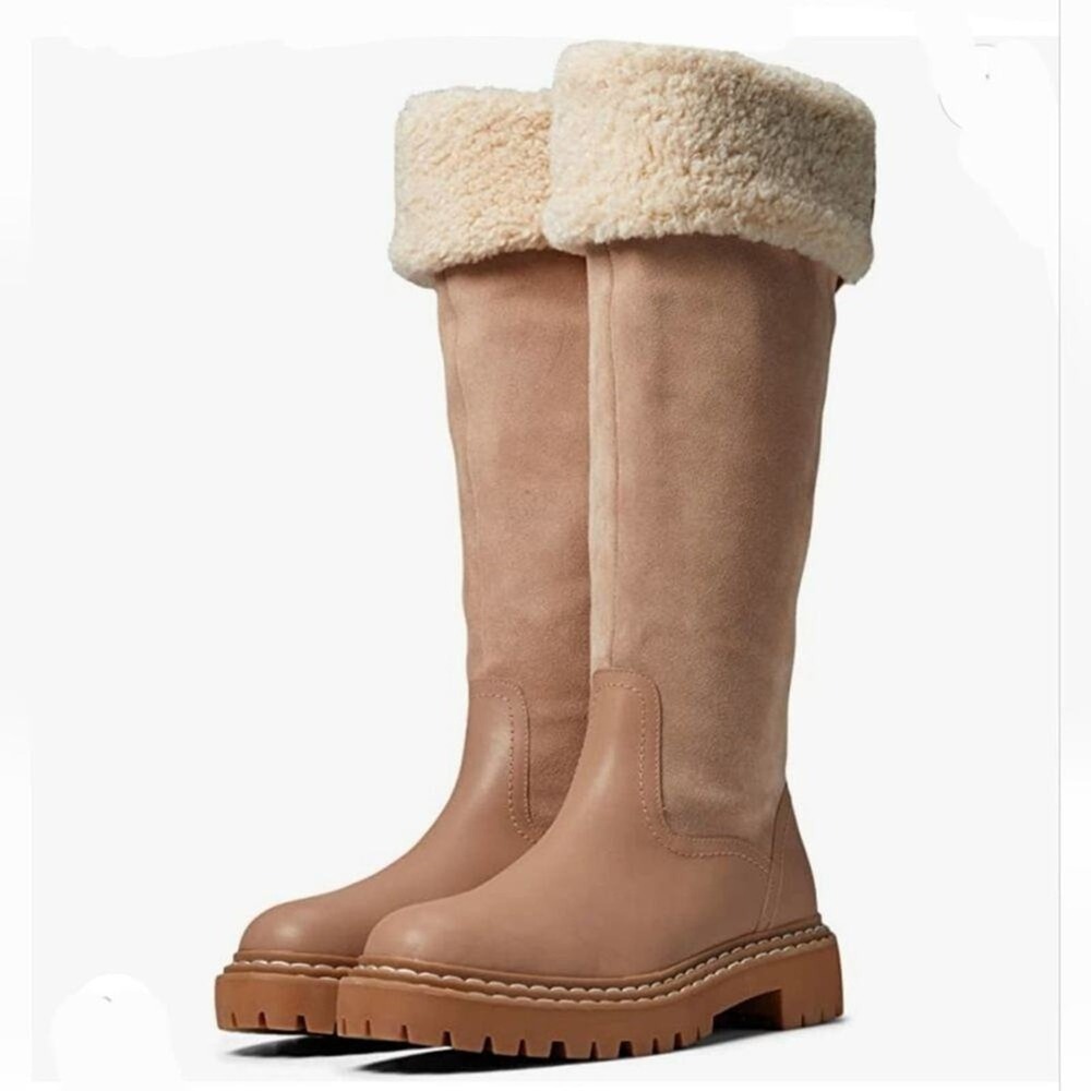 Splendid Antonia Shearling fur trimmed warm sand leather boots Lug Sole‎ 8 new